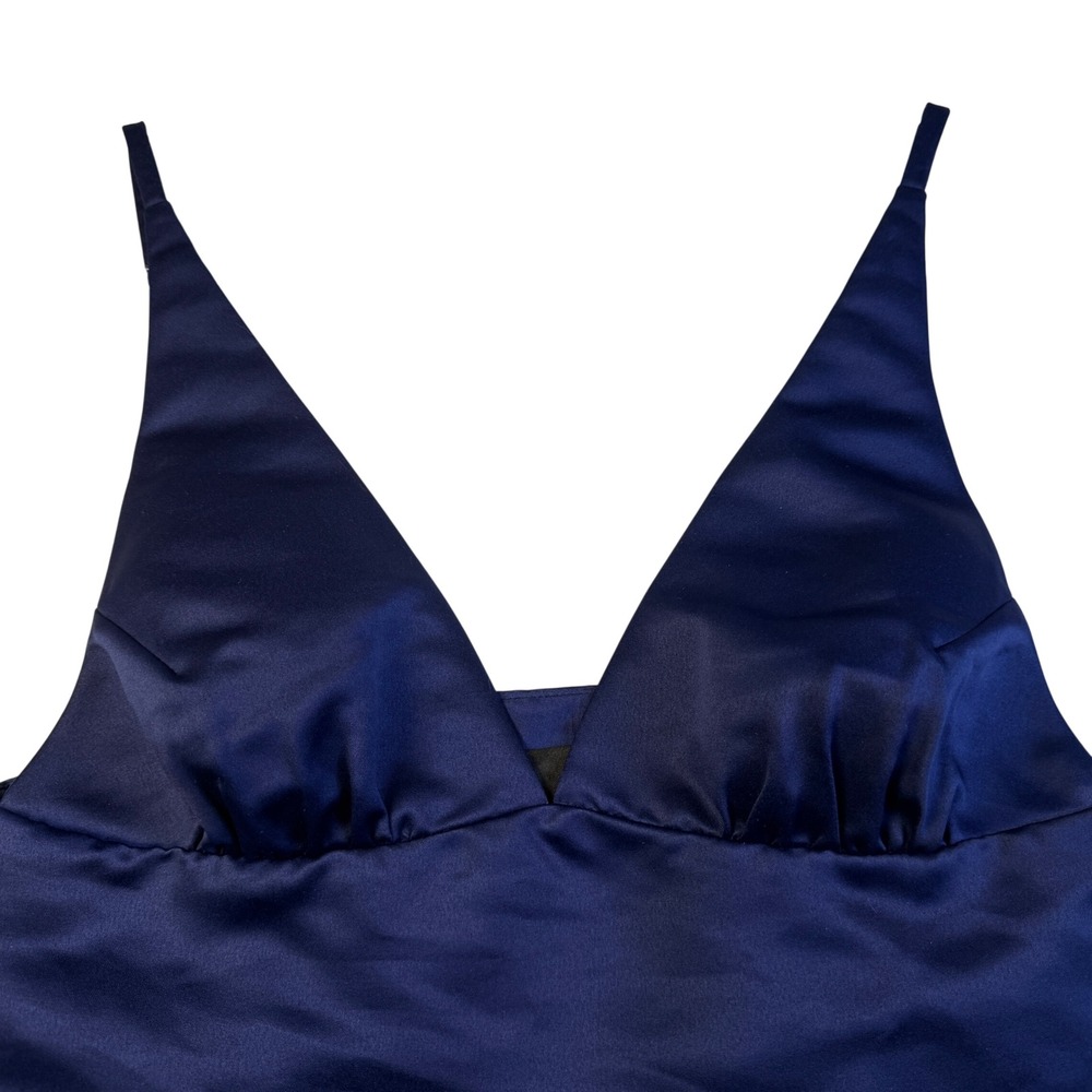 Cynthia Rowley Navy Blue Satin V-Neck Ruched Crop Top Size 8 Side Zip Sleeveless